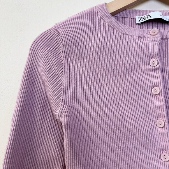 ZARA Womens Small Fitted Crop Pink Ribbed Cardigan - Picture 3 of 8